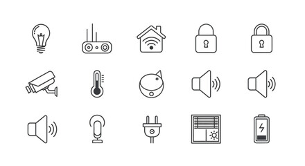Collection of Simple Line Icons Representing Smart Home Devices and Security Features in a Grid Layout