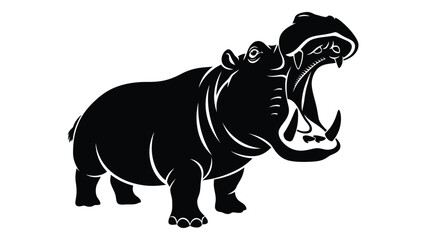 Fototapeta premium A black and white illustration of a hippopotamus with its mouth wide open isolated on white background, Vector