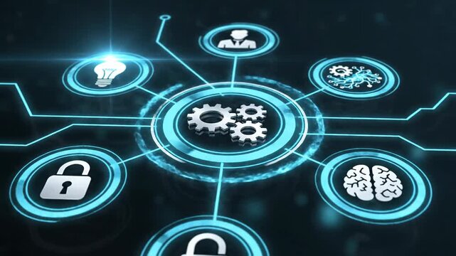 Network of interconnected icons symbolizing business strategy and automation