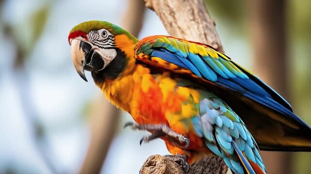 A vibrant macaw parrot perched on a tree branch, showcasing its colorful plumage in a natural outdoor setting with a blurred forest background