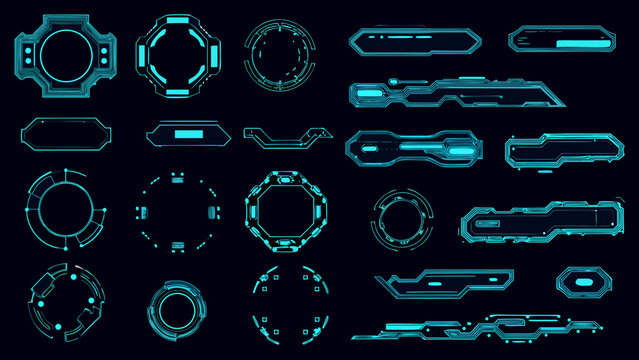 Collection of futuristic glowing neon blue interface elements and frames