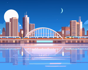 Naklejka premium Stylized cityscape with a bridge trains and a reflective river at night