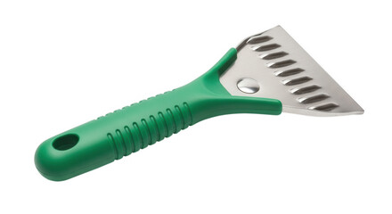 Green handle ice scraper with metal blade isolated on transparent background