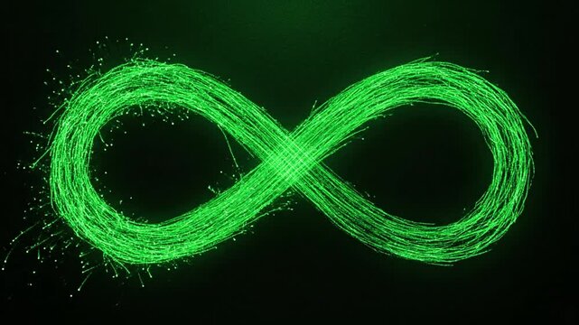 A glowing green infinity symbol drawn with neon light trails on a dark background from a close-up viewpoint