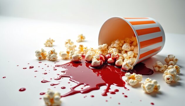 Popcorn spills from a striped bucket mixing with red liquid on a white surface. Some popcorn kernels are scattered around the mess. This scene suggests a movie disaster or accident.