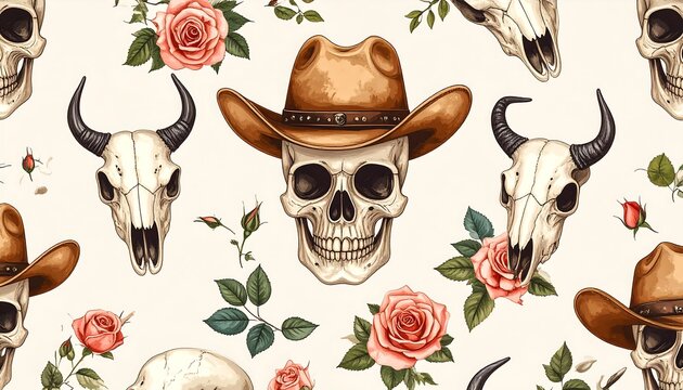 Seamless pattern skulls with cowboy hats, steer skulls, and peach roses on beige