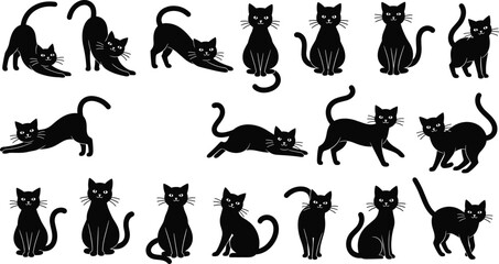 Set of black cat silhouettes in various poses isolated on white background, cute feline characters collection for Halloween design, logo, sticker and decorative illustration © MstRabiya