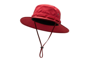 Red bucket hat with chin strap isolated on transparent background