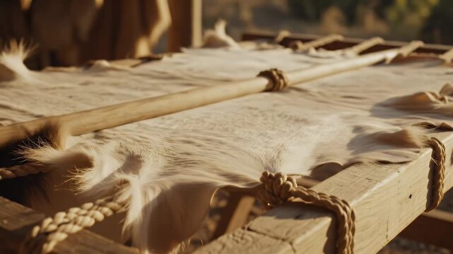 Close-up of an Untanned Animal Hide Stretched on a Wooden Frame with Rustic Ropes under Warm Lighting, Suitable for