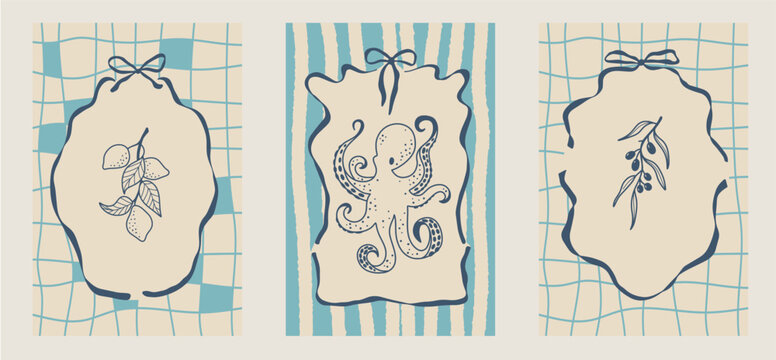 Italian food frame illustration with whimsical lace border. Summer Amalfi Coast seafood theme for menu design, picnic poster, kitchen print and art illustration.