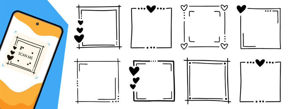 Sketch style QR, scan me and code frames for mobile app design. Decorative dashed borders, rounded shapes and creative doodle elements for modern digital labels.