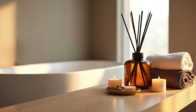Modern bathroom with aromatic diffuser and lit candles. Stacked fluffy towels sit beside amber glass bottle. Soft light creates calm, cozy spa ambience.
