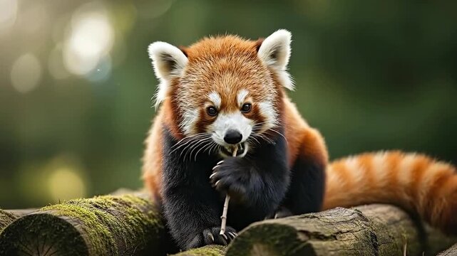 A red panda perched on a log, holding a twig, surrounded by lush greenery, captured in a close-up, serene forest scene from a straight-on viewpoint