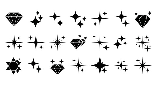 Collection of black diamond and star symbols on white background, vector illustration, various designs, decorative elements, graphic icons