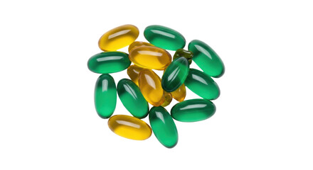 Pile of green and yellow gel capsules isolated PNG, dietary supplements for health and wellness on transparent background