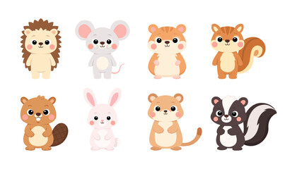 Fototapeta premium Cute animal cartoon set featuring hedgehog, mouse, hamster, squirrel, beaver, rabbit, gerbil, and skunks in adorable kawaii flat style. Vector Illustration