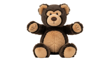Brown teddy bear sitting isolated PNG on transparent background, cute plush toy for kids and decoration use, soft and cuddly