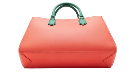 Elegant coral leather handbag with green handles isolated PNG, stylish fashion accessory for women on transparent background