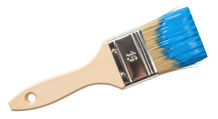 Paint brush with blue paint isolated PNG, painting tool for home improvement and art projects on transparent background