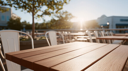 Fototapeta premium Outdoor wooden cafe table at sunset with soft light highlights. Summer terrace atmosphere and alfresco dining setting.