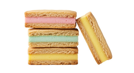 Stack of colorful ice cream sandwiches isolated PNG, delicious summer dessert with pink, green, and yellow filling on transparent background