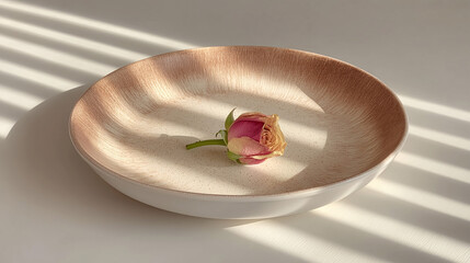 Plate with a single rose petal and strip light shadows &mdash; minimalist still life and product aesthetic.
