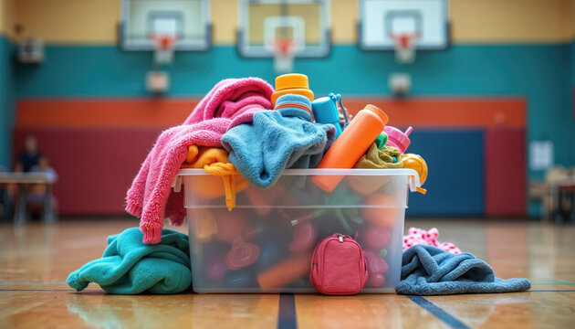 Colorful lost and found bin overflows with forgotten items in school gym. Clothes, toys, bottles, and bags make a messy pile. Childrens personal belongings are mixed together.