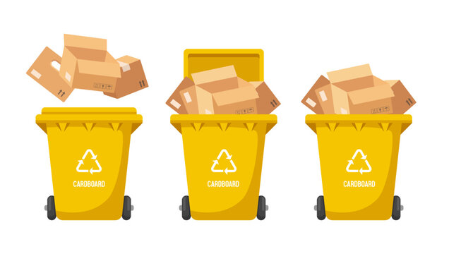 Recycling bins for cardboard. Yellow trash can. Vector illustration
