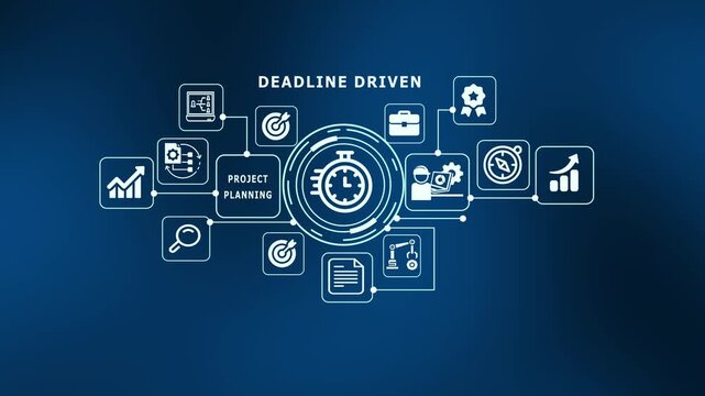 Deadline driven project management concept with time control, performance metrics and workflow planning icons.