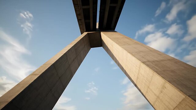 Abstract perspective of concrete bridge supports against a blue sky