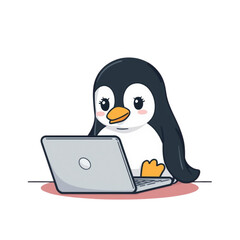 Cute Penguin Character Working on Laptop Flat Vector Illustration © Khiesni