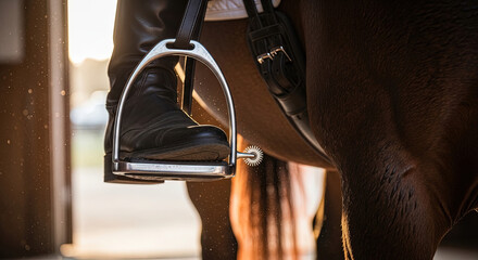 Obraz premium Equestrian rider's boot in stirrup on horse in barn at sunset 