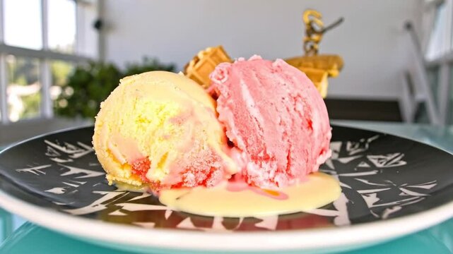 Delicious scoops of strawberry and lemon ice cream served on a decorative plate with a waffle.