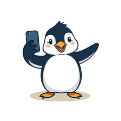 Obraz premium Cute Penguin Character Taking Selfie Flat Vector Illustration