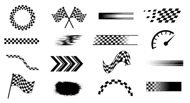 Racing elements illustration with flags, arrows, and speedometer on a white background, viewed from a straightforward perspective