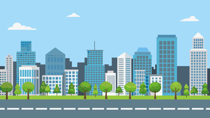 A flat colorful illustration depicting a modern city skyline with trees © Riya