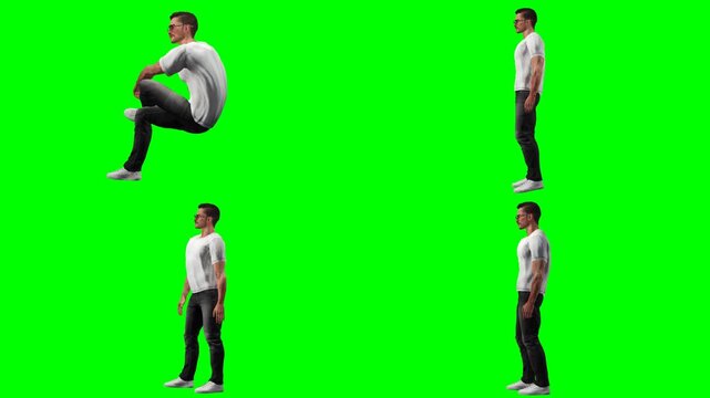 young casual man guy is running jumping slipping and standing on green screen chromakey background for 3D animated cartoonnimation. Great for rapid video projects and multimedia edits.