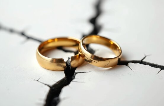 Two gold wedding rings broken apart on cracked surface. Symbol of divorce separation relationship breakdown pain. End of marriage sad aftermath.