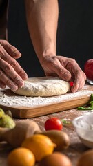 A person preparing dough on a floured surface with ingredients