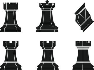 Chess Rook Piece Silhouette Set Vector Illustration Black and White Castle Tower Strategy Board Game Icon Collection © Rabbi creatives
