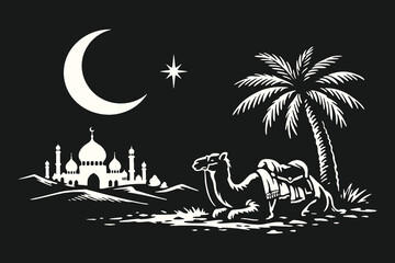 Minimalist Night Scene Vector Illustration of a Mosque and Camels Under a Crescent Moon and Star in a High Contrast Black and White Style © Chairul