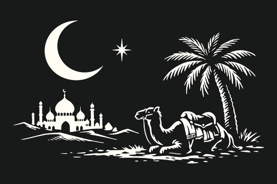 Minimalist Night Scene Vector Illustration of a Mosque and Camels Under a Crescent Moon and Star in a High Contrast Black and White Style