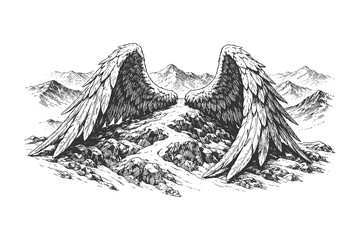 Symbolic Vector Illustration of Large Angelic Wings Emerging from a Rocky Mountain Path in a Detailed Black and White Engraving Style