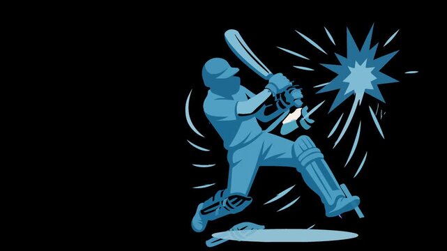 Stylized illustration of a cricket player hitting a ball with an explosion effect