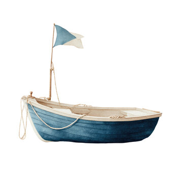 A small, blue rowboat with a white interior and a blue and white flag on a black background