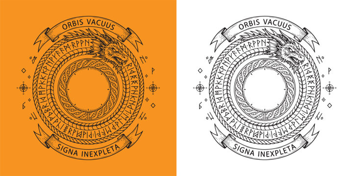 Dragon Ouroboros Symbol with Ancient Runes and Orbis Vacuus Motto