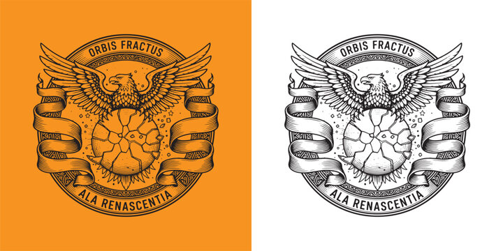 Majestic Eagle with Wings Spread Above Cracked Globe Orbis Fractus Emblem