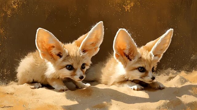 Adorable Fennec Foxes Resting in the Desert Sand Under Sunlight.