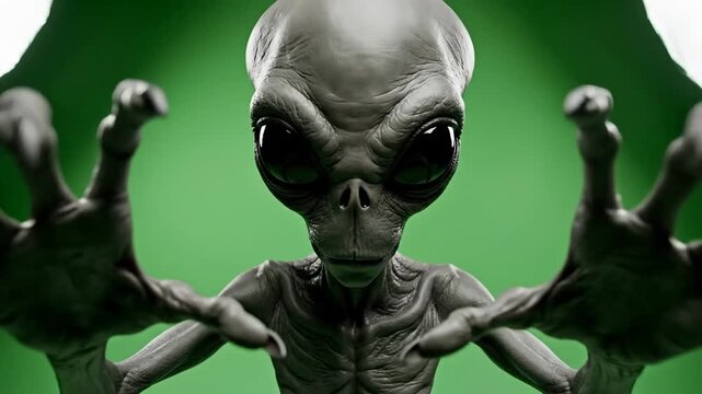 Extraterrestrial being with large eyes and grey skin against green backdrop