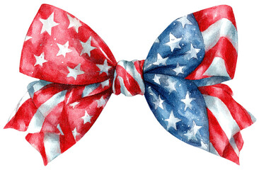 Artistic watercolor illustration of a patriotic bow, showcasing the American flag design